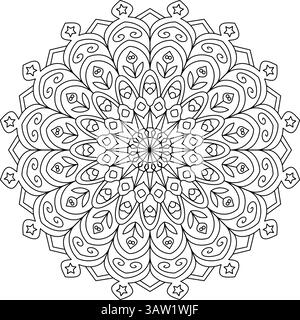 Stilisiertes Blumenmandala mit sternähnlichen Außenelementen. Ideal für spirituelle Färbungen und achtsame Designprojekte Stock Vektor