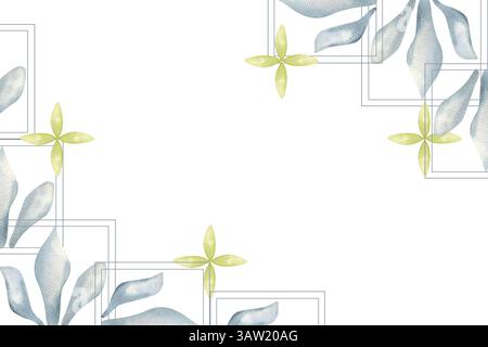 Abstraktes Ornament mit griechischen Blumenmotiven Aquarellbanner-Vorlage. Handgezeichneter isolierter Rahmen mit geometrischen Elementen in Pastellfarbe für Karte, Invi Stockfoto