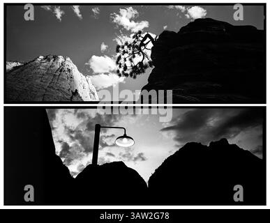 4. April 2016 – Utah, USA – Eine Straßenlaterne beleuchtet den Parkplatz der Zion Lodge, vor dem Hintergrund eines dramatischen Sonnenuntergangs, während sich ein Baum unsicher von einem Felsbrocken auf der Ostseite des Parks lehnt. Zion National Park Artist-in-Residence, September 2015. (Bild: © Benjamin Rusnak Via ZUMA Wire) Stockfoto