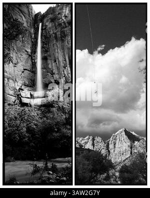 4. April 2016 – Utah, USA – die Leiche eines Wanderer, der bei einer Sturzflut getötet wurde, wird an einem Hubschrauber aufgehängt, als er aus einem schwer zugänglichen Slot Canyon geborgen und an den großen Bergen vorbeigeflogen wird, die den Eingang zum Zion Canyon umgeben. Es war ein ernüchternder und öffentlicher, aber innig privater Moment. Sieben Wanderer starben bei einer Sturzflut beim Canyoning, eine Aktivität, bei der es darum geht, sich in enge Schluchten zurückzuziehen. Im Gegensatz dazu trifft ein anmutiger Wasserfall, der erst bei einer Überschwemmung am Sinawava-Tempel, dem Kopf der legendären Narrows-Wanderung, in den Virgin River. Dieses paar Stockfoto