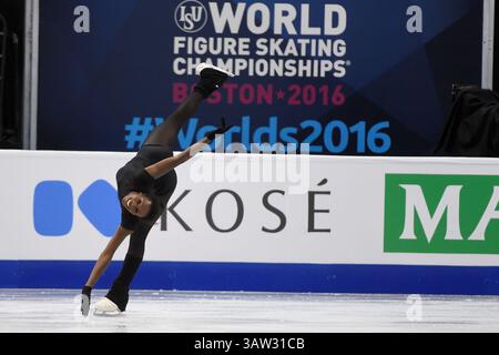 Dienstag, 29. März 2016: Mae Berenice Meite aus Frankreich läuft während eines Trainings bei der International Skating Union World Championship im TD Garden in Boston, Massachusetts. Eric Canha/CSM(Bild: © Eric Canha/CSM via ZUMA Wire) Stockfoto