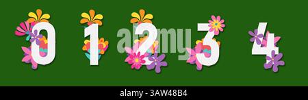 Satz weißer Zahlen mit bunten Blumen auf grünem Hintergrund, 3D-Illustration, Null, eins, zwei, drei, vier Stockfoto