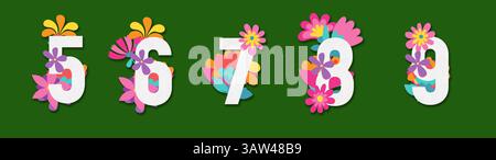 Satz weißer Zahlen mit bunten Blumen auf grünem Hintergrund, 3D-Illustration Stockfoto