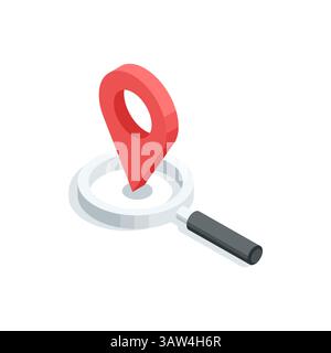Isometrisches Vektorsymbol mit Lupe und Position, in Farbe auf weißem Hintergrund, Suche nach Ort auf Karte oder Geolokation Stock Vektor
