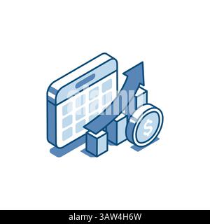 Isometrischer Vektor linearer Symbolkalender und Diagramm mit Pfeil und Münze, in Farbe auf weißem Hintergrund, geplantes Einkommenswachstum oder Gewinn Stock Vektor