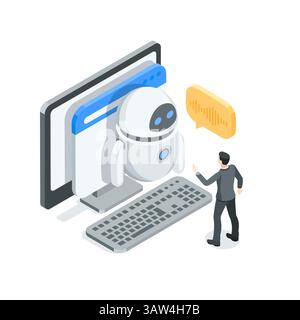 Geschäftsmann mit isometrischem Vektor, der auf dem Computerbildschirm mit einem Roboter spricht, in Farbe auf weißem Hintergrund, künstlicher Intelligenz oder virtuellem Assistenten Stock Vektor