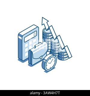 Portfolio mit linearen Symbolen für isometrische Vektoren und Diagramm von Münzen mit Pfeil nach oben und Taschenrechner, in Farbe auf weißem Hintergrund, Business Analytics und St Stock Vektor