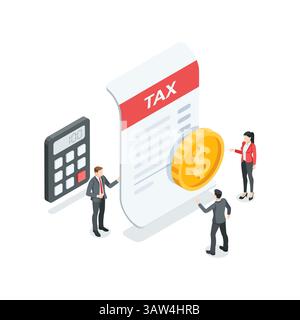 Isometrischer Vektor Geschäftsleute in der Nähe von Blatt Papier mit der Inschrift Steuer und Münze mit Dollarsymbol, in Farbe auf weißem Hintergrund, Steuerformular oder t Stock Vektor