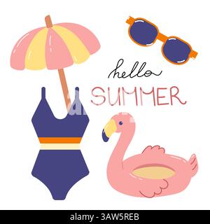 Sommer-Set mit Badesachen, Flamingo und Regenschirm Stock Vektor