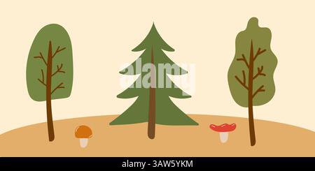 Set mit Zeichentrickbäumen und Pilzen. Wanderset. Stock Vektor