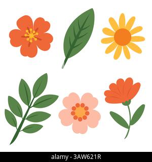 Set mit einfachen Blumen und grünen Blättern Stock Vektor