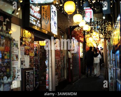 Nachts japanische Izakaya Alley mit hängenden Laternen und Neonschildern, Tokio, Japan Stockfoto