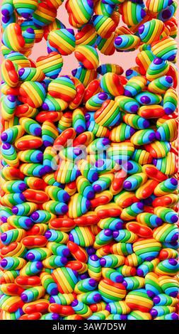 Eine dynamische und farbenfrohe vertikale Komposition mit einer Kaskade aus 3D-Regenbogenherzen, die den Rahmen dicht füllen und LGBTQIA+ Stolz, Liebe und symbolisieren Stockfoto