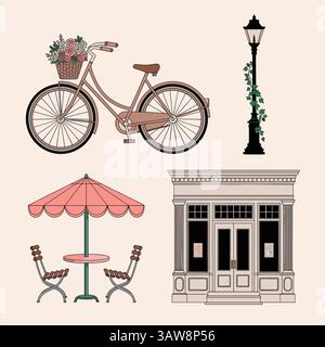 Vektorillustration eines Fahrrads, Bistrosets, Lampenpfosten und eines Ladens. Perfekt für City-, Café- und Lifestyle-Designs. Stock Vektor
