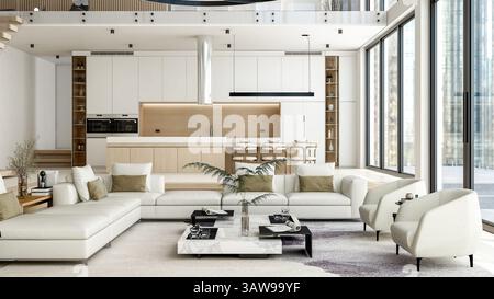 Luxuriöses modernes Loft-Interieur mit offenem Wohnzimmer und Küche, 3D-Rendering Stockfoto