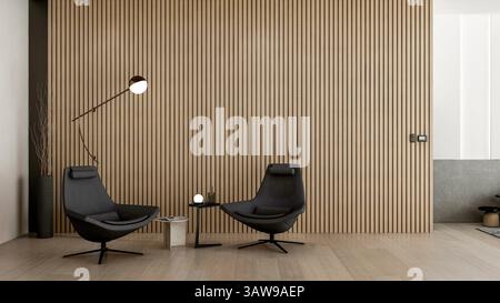 Moderne, minimalistische Lounge mit schwarzen Stühlen und leerer Holzwand für Kopierraum, 3D-Rendering Stockfoto
