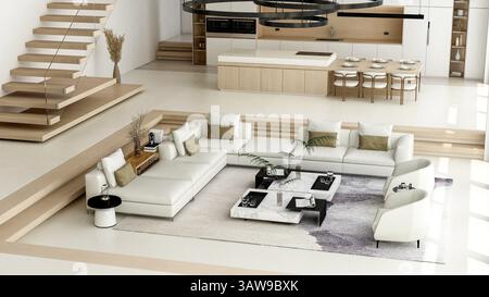 Luxuriöses modernes Loft-Interieur mit offenem Wohnzimmer und Küche, 3D-Rendering Stockfoto
