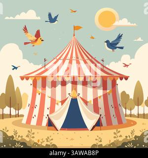 Bunte Vintage Zirkuszelt Illustration mit fliegenden Vögeln, Bäumen und sonnigem Himmel. Skurrile Festivalszene, perfekt für Kindergeschichten oder Design Stock Vektor