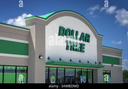Springfield, Missouri - 18. Mai 2024: Dollar Tree ist ein Discounter, der eine Vielzahl von Konsumgütern zu Discountpreisen anbietet. Sie arbeiten über 15 Stockfoto