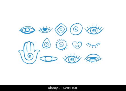 Böse Augen-Vektorskizzen im mediterranen Stil. Mystisches, skurriles Set Stock Vektor