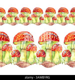 Nahtloser Rand mit Blumenmuster in Aquarellfarben. Handgemalte Herbstpilze, Fliegenpilze isoliert auf weißem Hintergrund. Abbildung für Kartendesign Stockfoto