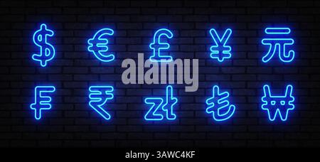Neon-Währungssymbole mit Dollar, Euro, Pfund, Yen, Yuan und anderen. Vektorabbildung. Stock Vektor