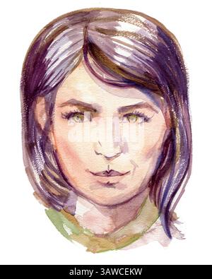 Aquarellfrauenporträt mit grünen Augen und violetten Haaren. Handgezeichnete Abbildung. Stockfoto