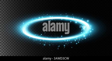 Ein leuchtender, strahlender, blauer, kreisförmiger Energiering, der von funkelnden und hellen ästhetischen Elementen begleitet wird Stock Vektor
