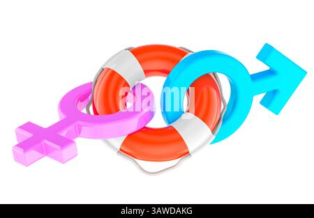 Paartherapie, Eheberatung. Weibliche und männliche Geschlechtssymbole mit Lebenslauf. 3D-Rendering isoliert auf weißem Hintergrund Stockfoto