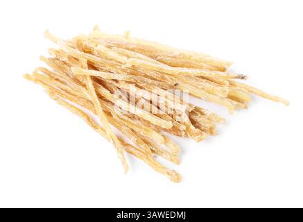 Getrockneter, geriebener Fisch, isoliert auf weiß Stockfoto