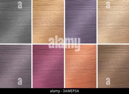 Farbpalette für Haare. Collage mit Haarproben in verschiedenen Farben Stockfoto