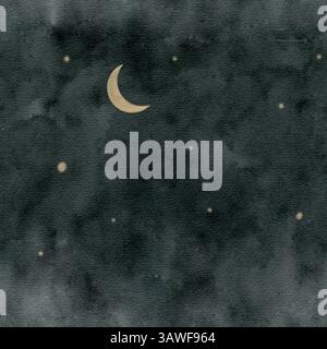 Eine ruhige Aquarellillustration, die einen traumhaften Nachthimmel mit einem Halbmond und funkelnden Sternen einfängt. Handgezeichnetes nahtloses Aquarellmuster. Stockfoto