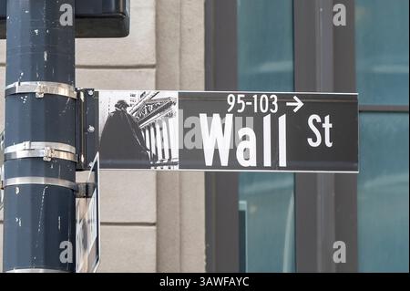 Das Wall Street-Schild ist am 13. April 2025 in New York City im Financial District in Manhattan zu sehen. Stockfoto