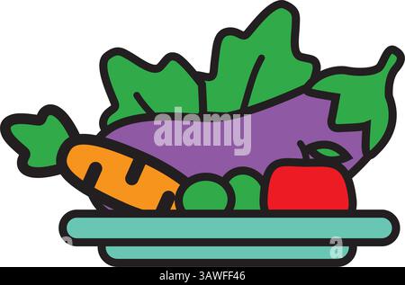 Salatsymbol. Ausgefüllte Umrisskonstruktion. Grüner Salat mit Tomaten und frischem Gemüse isoliert auf weißem Hintergrund. Für Präsentationen, Grafikdesign, Mobilgeräte Stock Vektor