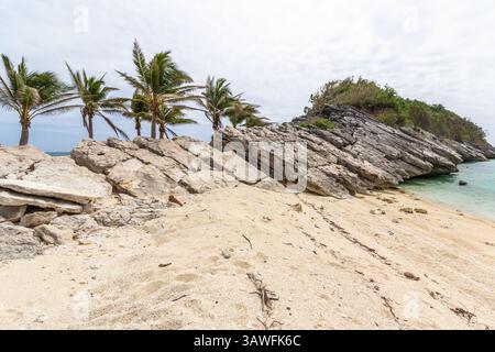 Eine malerische Felsformation befindet sich in der Nähe eines weißen Sandstrandes, der von Kokospalmen gesäumt ist, auf einer Insel in Isla Gigantes, Iloilo, Philippinen Stockfoto
