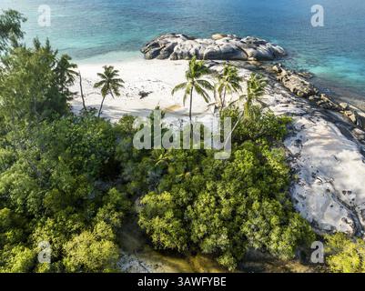 Tropischer Strand mit großen Felsen und üppiger Vegetation am klaren Meer, Blick aus der Vogelperspektive, Seychellen, Mahe, Port Glaud und Therese Island, Afrika Stockfoto
