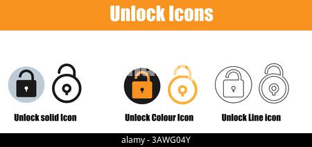Sammlung von Symbolen zum Entsperren, einschließlich Volumenkörper, Farbe und Linienvarianten. Stock Vektor