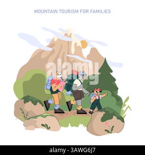 Bergtourismus-Konzept. Familienabenteuer in der Natur mit Kindern, die durch malerische Berge, frische Luft und üppige Landschaft wandern und gemeinsam die Natur erkunden. Vektorabbildung. Stock Vektor
