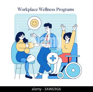 Der Weltgesundheitstag fördert das Bewusstsein für gesundes Leben und Wellness am Arbeitsplatz. Die Abbildung zeigt ein kooperatives Umfeld, das die Gesundheit durch Initiativen und Unterstützung fördert. Stock Vektor