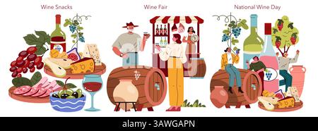 Das fest zum nationalen Weintag zeigt verschiedene Weinverkostungen, Messestände und Gourmet-Wein-Snacks. Perfekt für festliche Aktionen. Stock Vektor