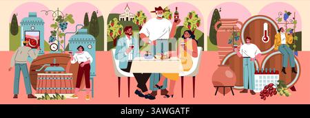 Die Feier zum nationalen Weintag wird in einer lebendigen Vektor-Illustration dargestellt, in der Weinherstellung und Weinproben mit fröhlichen Charakteren gezeigt werden. Stock Vektor