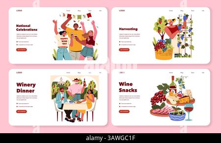 Vektorset zum Nationalfeiertag, das Feiern, Ernte, Abendessen auf dem Weingut und Snacks mit stilvollen Charakteren illustriert. Stock Vektor