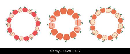 Fruchtrahmensatz. Apple Designvorlage, Kopierraum. Niedlicher, handgezeichneter, runder Rahmen aus Früchten im Doodle-Stil. Kreisförmige Vorlage. Handgezeichneter Fruchtkreis Stock Vektor
