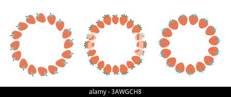 Fruchtrahmensatz. Erdbeerdesign-Vorlage, Kopierraum. Niedlicher, handgezeichneter, runder Rahmen aus Früchten im Doodle-Stil. Kreisförmige Vorlage. Handgezogene Früchte Stock Vektor