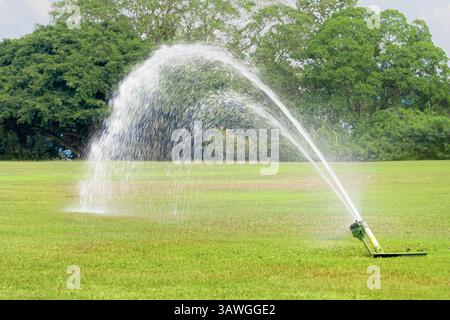 Ein Rasenbewässerungssystem mit gutem Wasserdruck auf einem grünen, frischen Feld mit getrimmtem hellgrünem Gras. Öffentlicher Park oder Golfplatz im Sommer Stockfoto