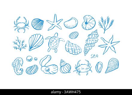 Sea Life Doodle Hand gezeichnete Vektor-Illustrationen. Meeresleben in blauer Farbe Stock Vektor