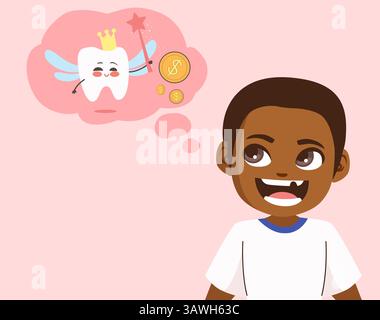 Cartoon-Vektor-Illustration eines fröhlichen Jungen, der tagträumt über die Zahnfee, die das Konzept der Meilensteine der Kindheit darstellt. Zeichnung zum Thema Zahnpflege Stock Vektor