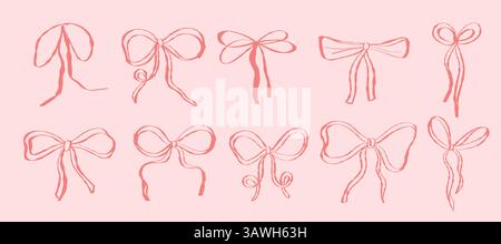 Süße und feminine Reihe von Hand gezeichneten roten Bögen auf einer rosa Hintergrund Vektor-Illustration. Mädchenmotive, Geschenkverpackung, romantische Karten oder Modedesign Stock Vektor