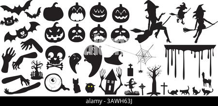 Sammlung von gruseligen Halloween-Schwarz-weiß-Icon Set Vektor-Illustration. Kürbisse, Schädel, Geister, Fledermäuse, Hexen, und gruselige Elemente f Stock Vektor