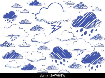 Vektorsammlung von dunklen Wolken, Regen und Donner in ausdrucksstarkem Bleistiftpinselstil. Illustration für stimmungsvolle Designs, psychische Gesundheit oder Natur Co Stock Vektor